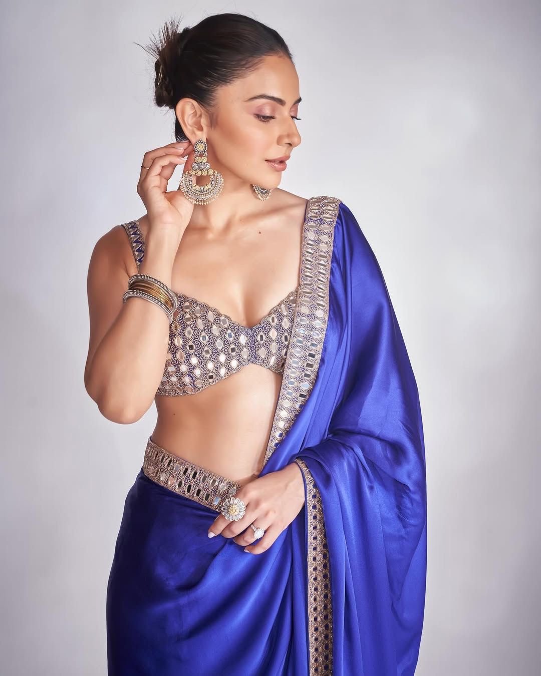 New trending original mirror and embroidery work satin silk saree blue